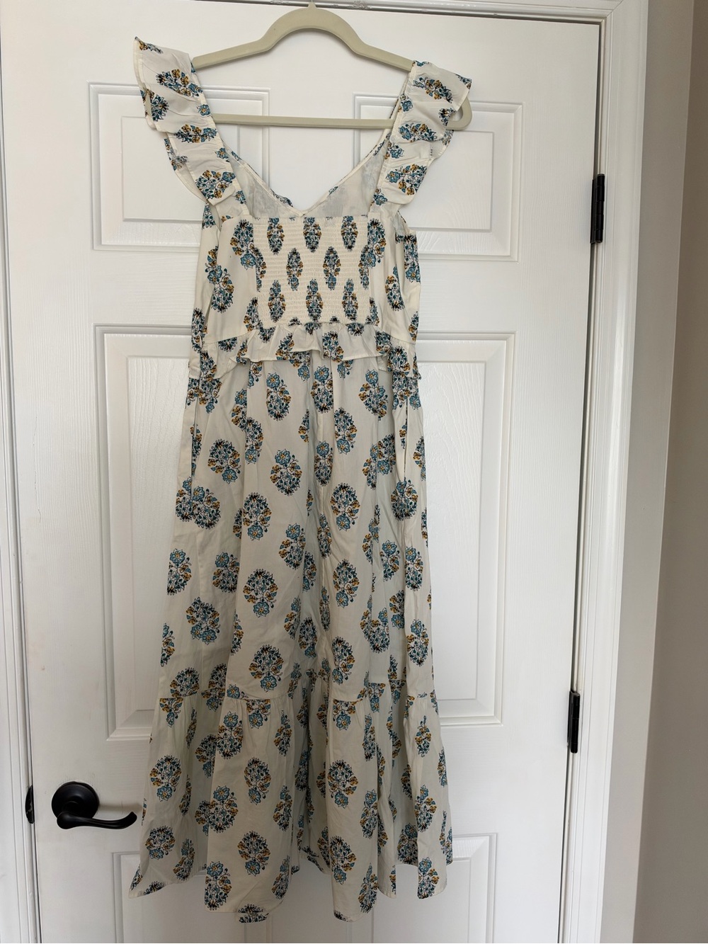 J. Crew Cream Maxi Dress with Blue and Gold Floral Print